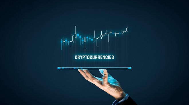 Cryptocurrencies investment concept. Investor with digital tablet and virtual tradeview graph.